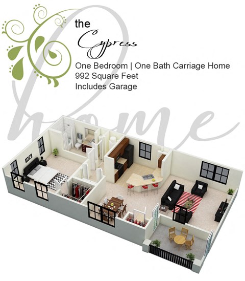 the cyprus one bedroom one bath carriage home 352 square feet includes garage floor plan